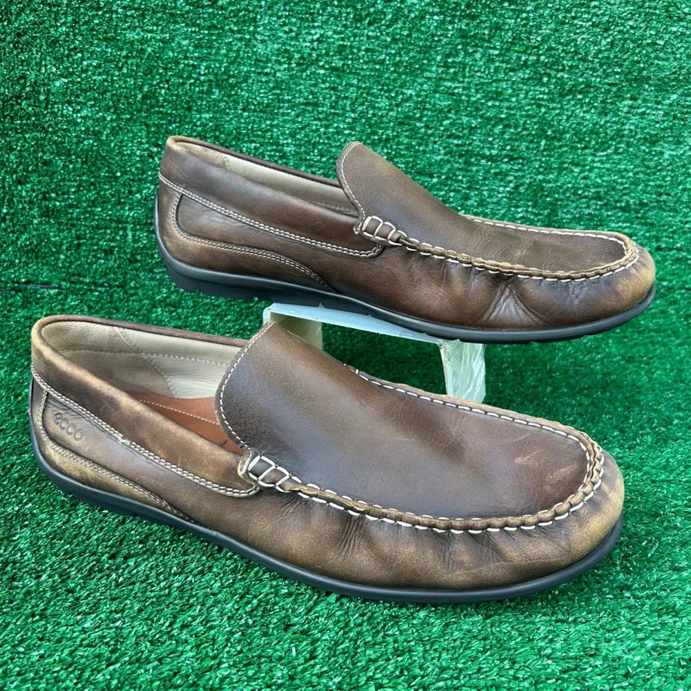 ECCO Mens Brown Leather Moc‎ Toe Slip On Loafers Shoes 571004 Size 46